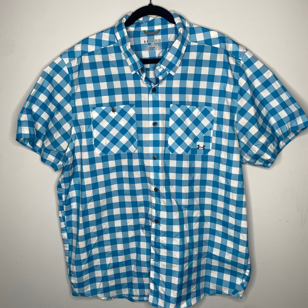 Under‎ Armour Mens 2XL Loose Fit Gingham Plaid Short Sleeve Button Up Shirt